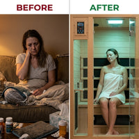 2024 Upgrade 1 to 2 Person Infrared Sauna, Low EMF Infrared Sauna for Home, Indoor Sauna Room, Hemlock Wooden Far Infrared Sauna, Dry Sauna with Bluetooth Speakers, LED Reading and Chromotherapy Lamp — Before & After