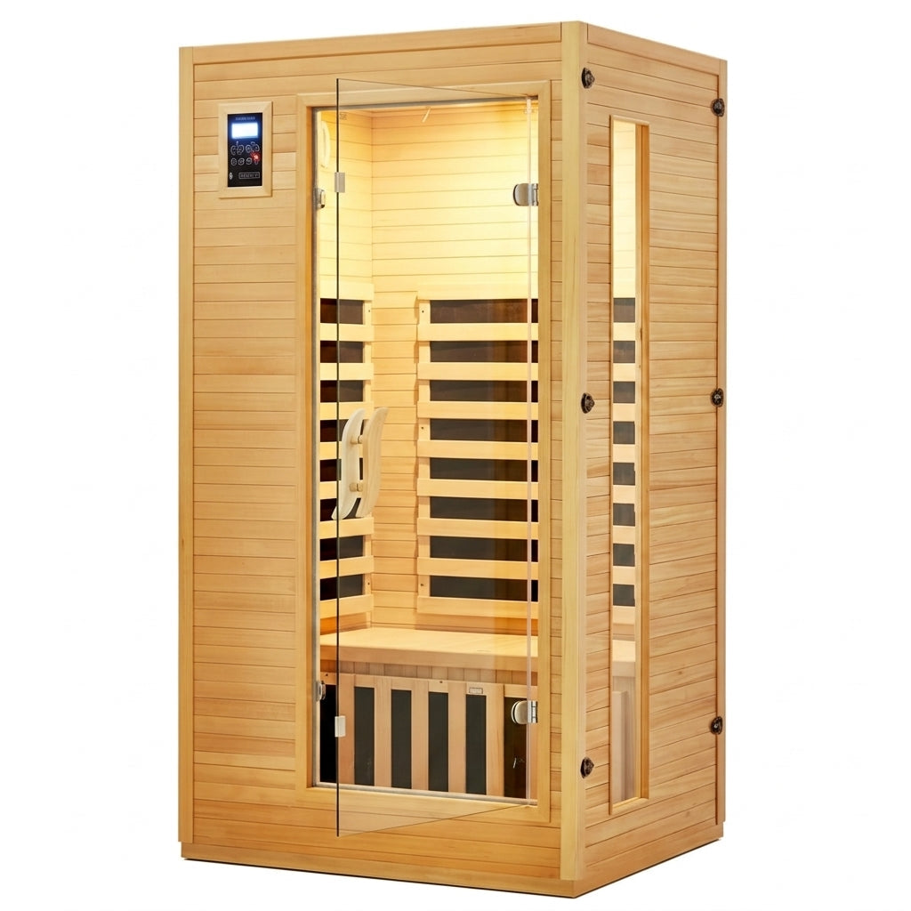 2024 Upgrade 1 to 2 Person Infrared Sauna, Low EMF Infrared Sauna for Home, Indoor Sauna Room, Hemlock Wooden Far Infrared Sauna, Dry Sauna with Bluetooth Speakers, LED Reading and Chromotherapy Lamp — Studio Shot