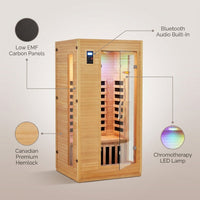 2024 Upgrade 1 to 2 Person Infrared Sauna, Low EMF Infrared Sauna for Home, Indoor Sauna Room, Hemlock Wooden Far Infrared Sauna, Dry Sauna with Bluetooth Speakers, LED Reading and Chromotherapy Lamp — infographic