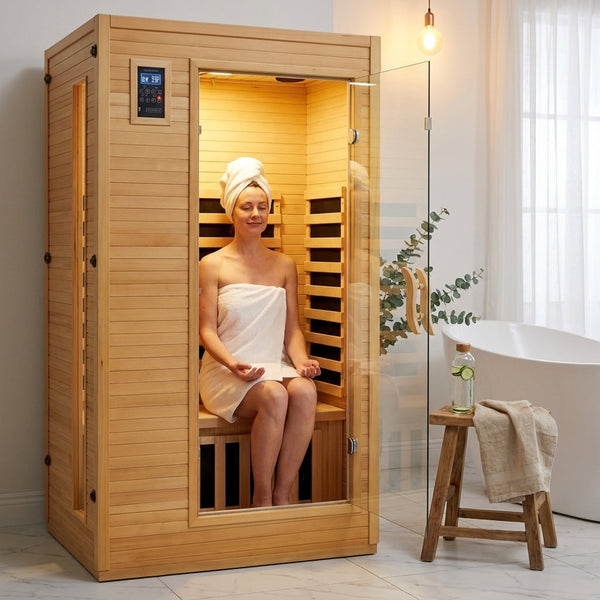 Infrared Sauna Designed for Home Wellness, 2-Person Capacity, Low EMF Carbon Panels, Hemlock Wood, Bluetooth