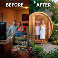 Outdoor Traditional Barrel Sauna | 4-6 Person Wood Sauna, Steam and Wet Sauna with 220V with 6KW Electric Heater, Sauna Stone — Before & After