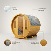 Outdoor Traditional Barrel Sauna | 4-6 Person Wood Sauna, Steam and Wet Sauna with 220V with 6KW Electric Heater, Sauna Stone — infographic
