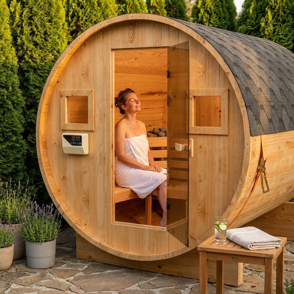 Traditional Barrel Sauna Designed for Year-Round Use, 4-6 Person Capacity, 6KW Electric Heater, Solid Wood Construction